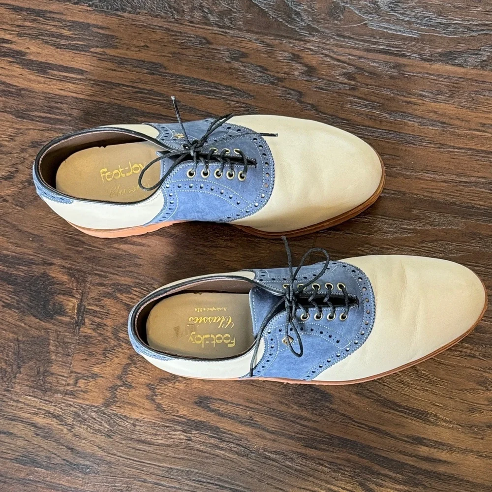FootJoy Classics Two-Tone Saddle Oxfords in Cream and Blue Suede